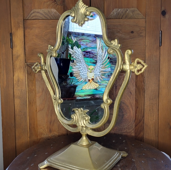 Vintage Brass Ornate Vanity Mirror - Picture 4 of 15